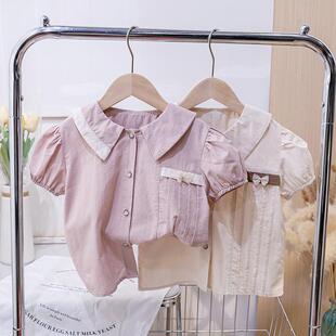 女童新款衬衣短袖2026夏季韩版娃娃领上衣洋气泡泡袖儿童翻领衬衫