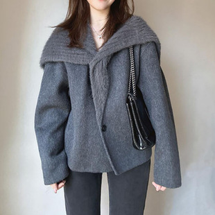 LOLA STYLE-新款翻毛领双面毛呢大衣女短款小香风撞色毛呢外套小