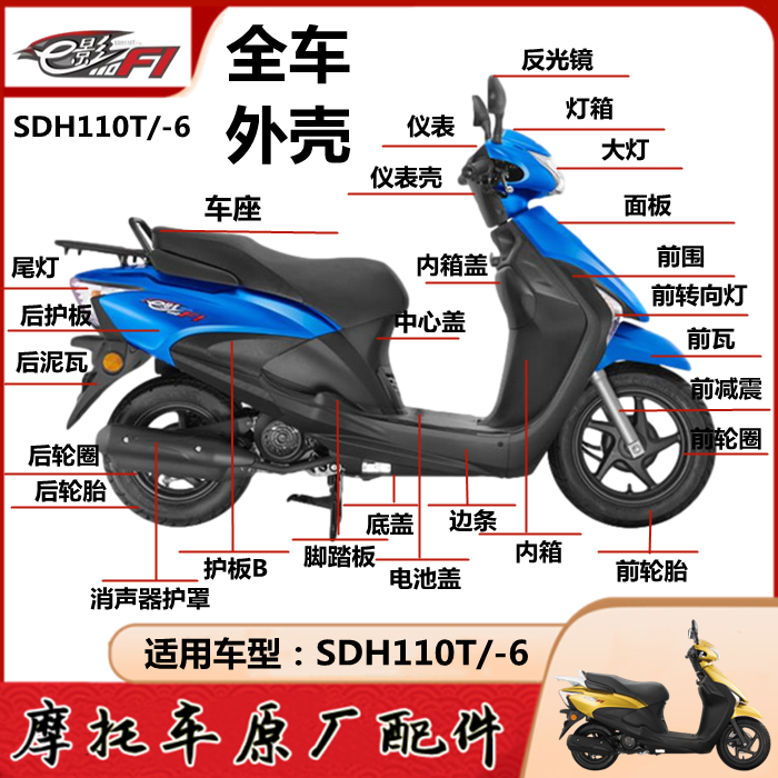 适用新大洲本田e影110t面板sdh110t-6灯箱边条前围大灯内箱外壳