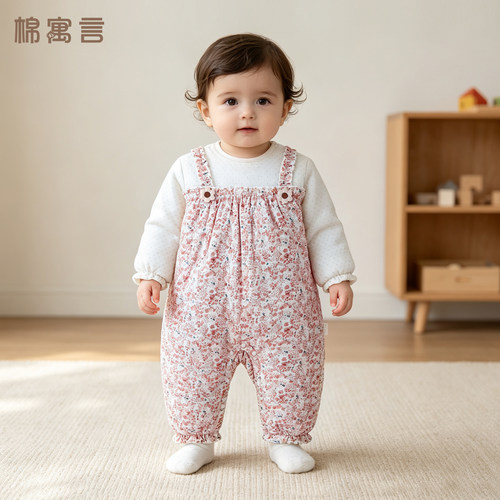 婴儿夹棉哈衣秋冬连体衣宝宝保暖连身棉衣假两件可爱超萌碎花爬服