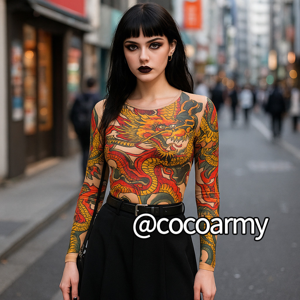 INS·Tattoo纹身刺青网纱长袖体恤女Goth哥特原宿弹性tee秋夏y2k