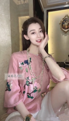 2022中国风复古天丝衬衫女春秋中式立领盘扣上衣斜襟绣花汉服茶服