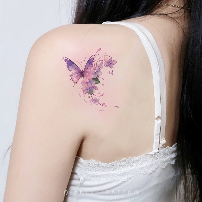 仟鲤 花与蝴蝶紫色彩色纹身贴防水持久女彩绘锁骨小清新贴纸彩绘