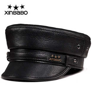 老式解放帽真皮帽子秋冬男士平顶休闲船长帽中老年人贝雷帽鸭舌帽