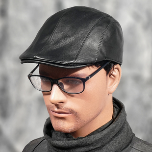春秋贝雷帽真皮中老年人鸭舌帽前进帽工人帽山羊皮冬季爸爸保暖帽