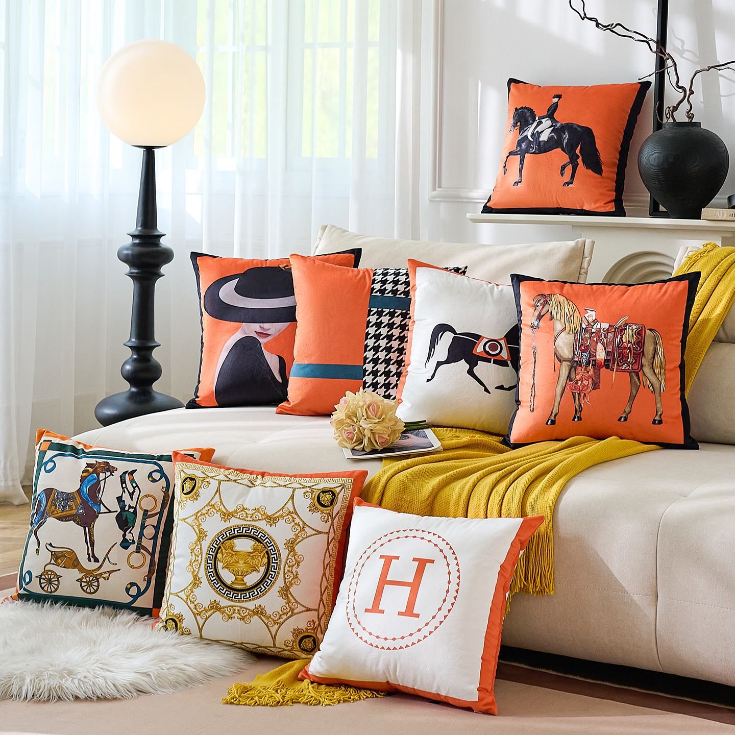 轻奢装饰抱枕爱橙色样板间现代腰枕汽车枕沙发抱枕套马靠垫仕