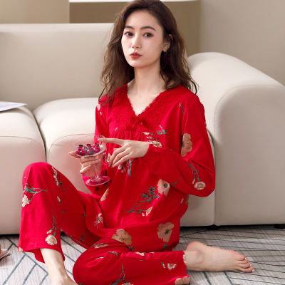 2025年新款睡衣女士春秋季纯棉长袖印花大红色本命年家居服套装冬