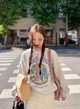 现 韩国设计师rai美式复古玫瑰花宽松卫衣韩系女装学院风减龄上衣