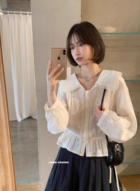 IMISS 2026年早春韩系温柔风花边刺绣绑带翻领长袖小衫女