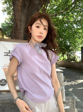 THE LIMON柠檬绿茶人气基本款2026春夏多巴胺紫色短袖T恤圆领修身