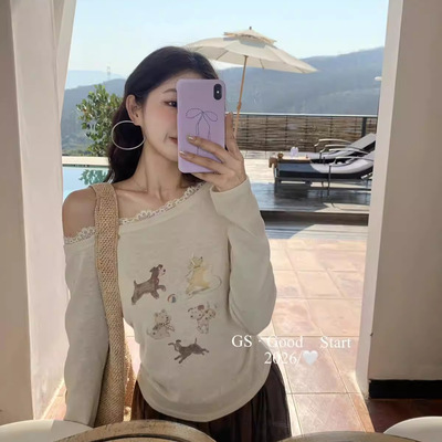 GS.GOOD START 春季韩系甜美风休闲印花斜肩长袖小衫长袖t恤女