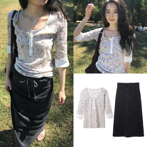 韩系圆领碎花七分袖T恤/纯色半身裙东大门秋季新款套装女