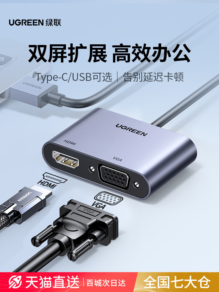 绿联USB转HDMI转换器VGA转接头电脑外接显示器高清线连电视投影仪