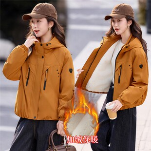 时髦连帽短款棉服女加绒保暖外套户外大码桔色棉袄小个子美式好看
