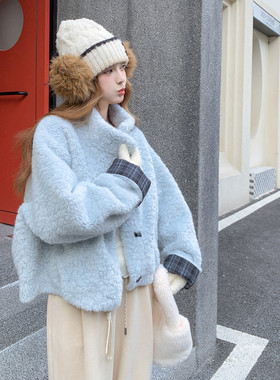 蓝色羊羔毛外套女冬季格子拼接立领短外套减龄保暖流行慵懒显瘦2
