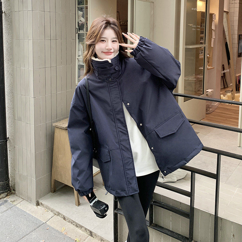 韩版工装风立领派克羽绒服女冬藏青色白鸭绒加厚短外套日式流行漂