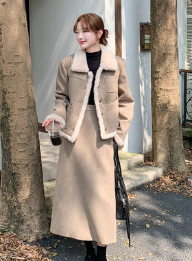 小众小香风毛呢套装女冬季卡其色羽绒内胆外套半身裙两件套大码2