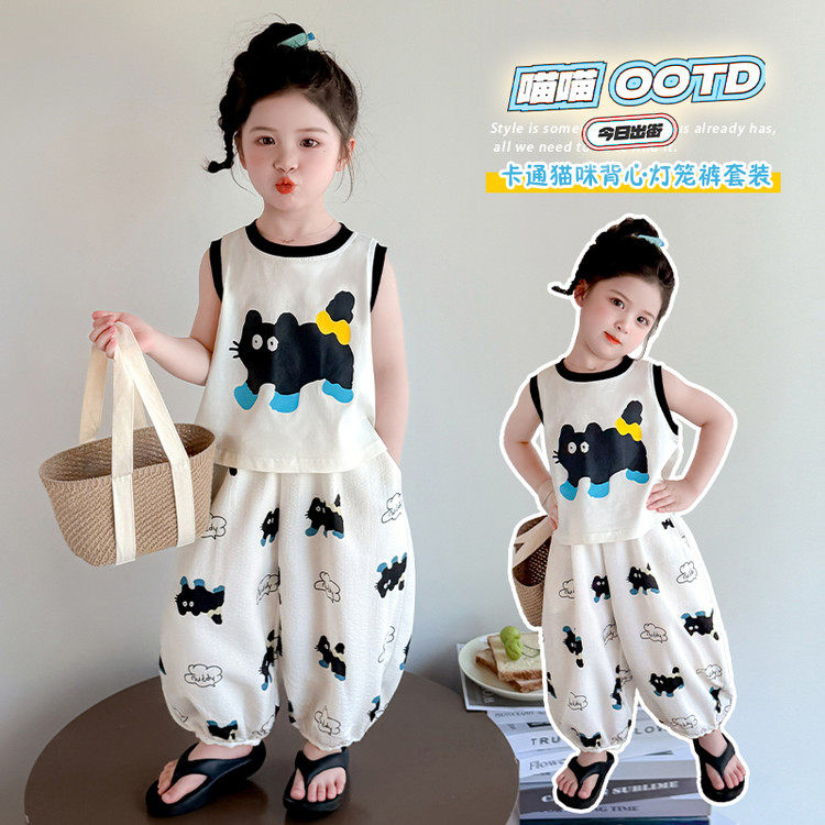 韩版卡通猫咪2件套女童夏季无袖背心灯笼裤棉质套装