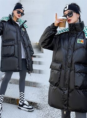 撞色拼接中长款羽绒服女冬季加厚保暖炸街外套黑色棉服大码独特通
