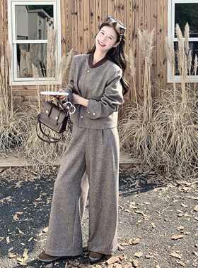 轻熟时髦毛呢套装女2026秋季撞色领外套阔腿裤两件套大码修身风格