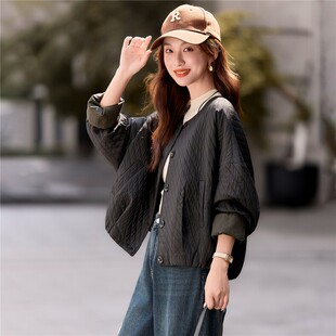 黑色蝙蝠袖圆领斜纹棉服女2026搭配韩系洋气直筒外套时尚通勤202