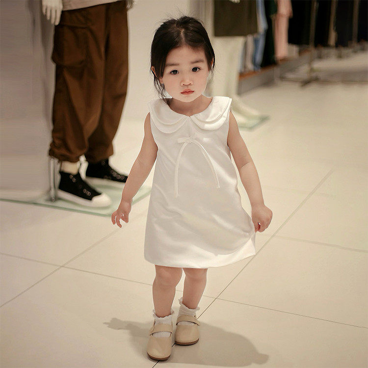 女童白色无袖连衣裙夏季公主风娃娃领中长裙两件套