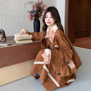美拉德风毛绒拼接麂皮绒两件套女冬季甜美减龄老钱风套装小个子风