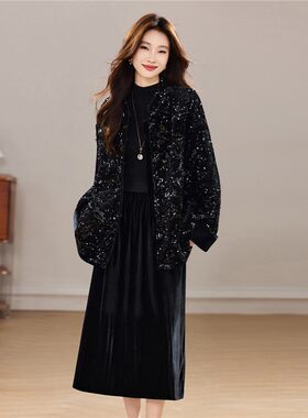 紧身风黑色亮片中长款棉服女显瘦立领加厚外套今年老钱风独特修身