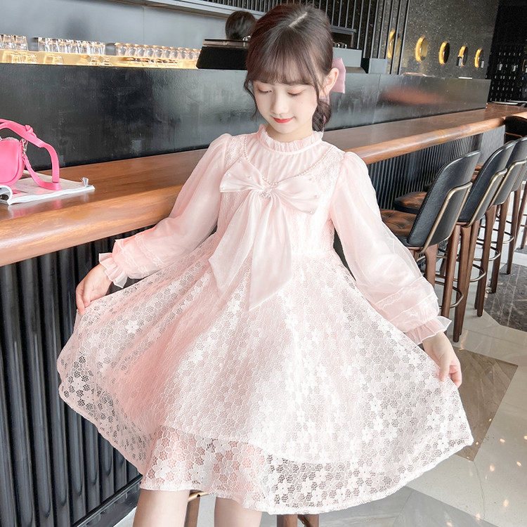女童公主风长袖连衣裙粉色蝴蝶结蕾丝中长裙春秋