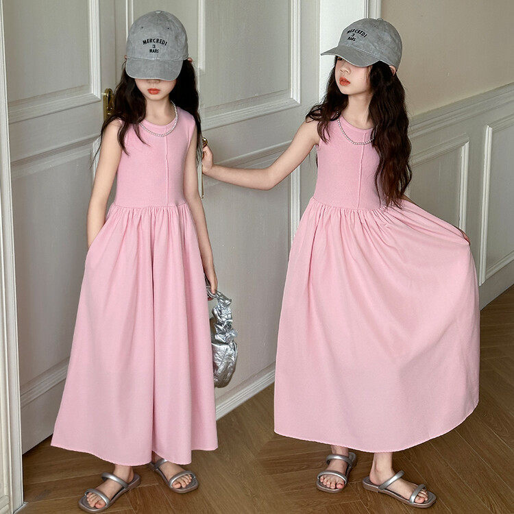 女童法式无袖连衣裙夏季中长裙洋气时髦粉色背心裙