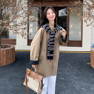 质感2026卡其色撞色风衣女中长款通勤美式轻薄外套秋季宽松流行美