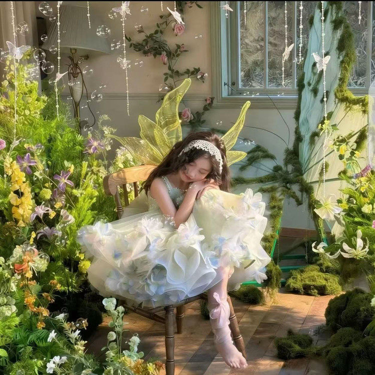 女童仙女风绿色网纱连衣裙公主蓬蓬裙超仙高级感生日礼服