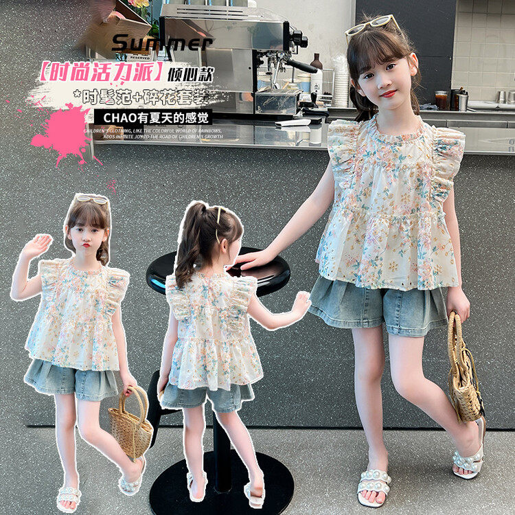 女童甜美碎花泡泡袖上衣牛仔短裤两件套夏季洋气套装