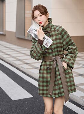 休闲格纹毛呢外套女中长款系带收腰直筒呢子大衣大码直筒轻薄直筒