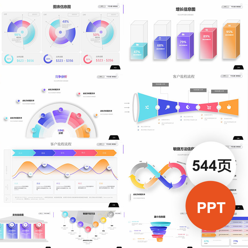渐变色常用报告工作汇报表格甘特鱼骨图时间轴简约图形PPT模板
