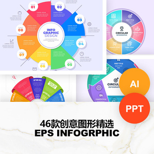 彩色饼形循环关系流程图可视化信息图表ppt模板素材合集