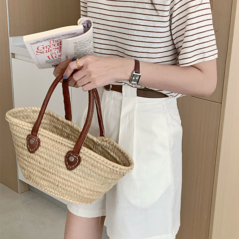 进口棕榈叶草编包真皮手柄法式小篮子牛皮手提包高级女士手拎包