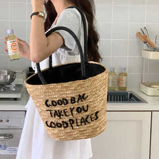 里洛家法式 字母刺绣草编包大容量托特包复古流苏编织包麦秆草包包