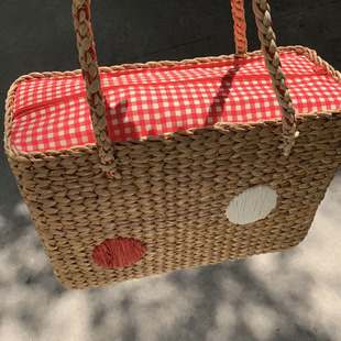 泰国进口包包清迈集市手工刺绣草编包方形复古手提包文艺格子包