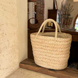 里洛自制款编织包玉米皮草编包野餐菜篮子度假沙滩包文艺日常包包