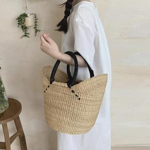 非洲加纳土著手工编织篮大号水桶包象草可泡水草包买菜菜篮子羊皮