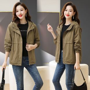 休闲风连帽短外套女春秋百搭小个子军绿色薄款 夹克上衣