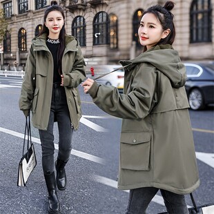 工装风派克棉服女冬装连帽中长款加厚外套宽松军绿色棉衣质感精致