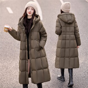 极简风连帽长款过膝羽绒服女2026新款加厚保暖白鸭绒外套特别直筒
