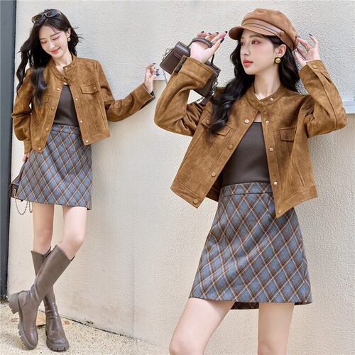 复古通勤麂皮绒外套格纹裙套装