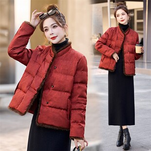 新中式红色短款羽绒服女白鸭绒小个子加厚保暖外套新年简约温柔修