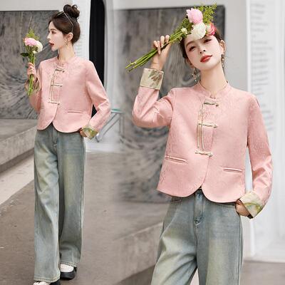 新中式盘扣短外套女春季复古粉色