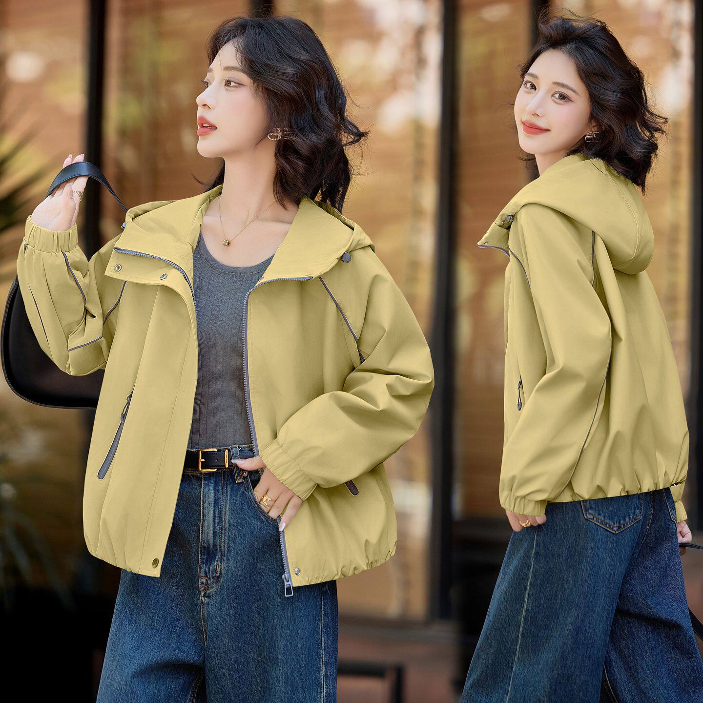 韩版百搭连帽短外套女秋季宽松小个子休闲夹克上衣