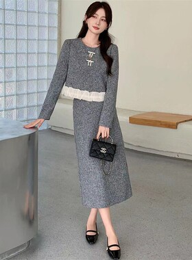 小香风套装女2025秋季新款灰色三件套气质半身裙两件套