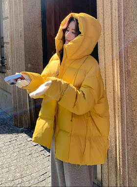 黄色连帽泡芙羽绒服女2026冬季新款短款加厚保暖面包服外套搭配轻